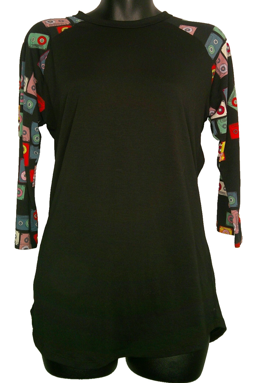 LuLaRoe Black Raglan Long Sleeve T-shirt XS- Retro Cassette Tape Print